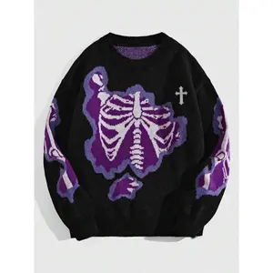 Men's Halloween Skeleton Print Drop Shoulder Sweater, Casual Comfy Regular Fit Long Sleeve Round Neck Jumper for Fall & Winter, Fashion Men's Knitwear for Daily Wear