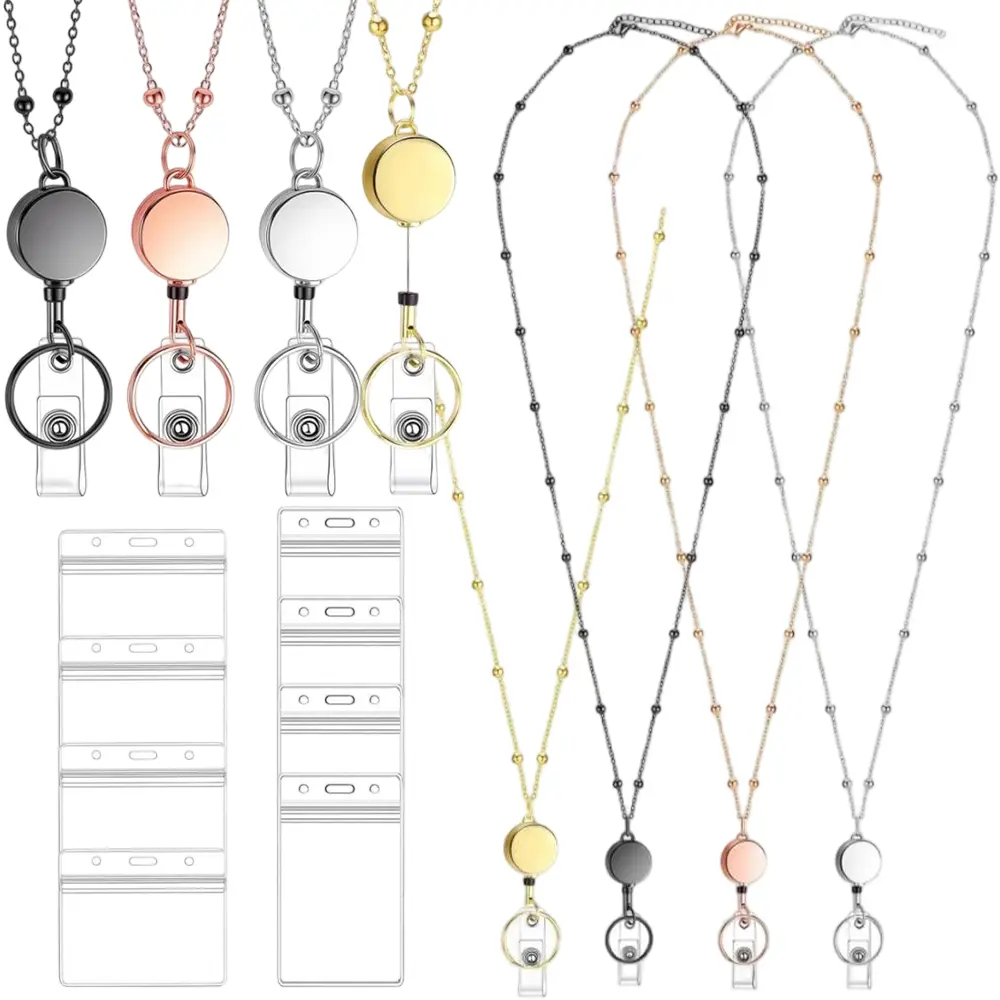 4Pcs Retractable Badge Lanyards with Stainless Steel ID Holders, Reel Clip Chain, Water-Resistant for School, Office - Home Improvement Building Supplies Accessory