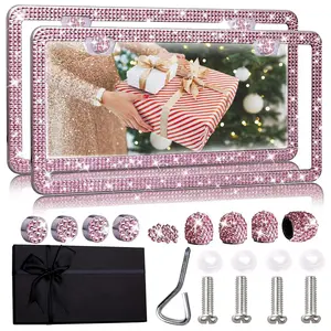 Stainless Steel License Plate Frame Set, Electroplated Water Drill Automotive Car Accessories, Fashionable Diamond Crystal Cover, Universal Fit Usa Canada Mexico
