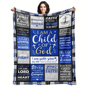 Christian Theme Flannel Fabric Blanket, Soft Plush Cozy Throw with "Child Of God" Faith Message, Bible Verses & Cross Print, Multi-Size Warm Fuzzy for Bedroom/Sofa, Ideal Baptism Gift for Christian Home Decor