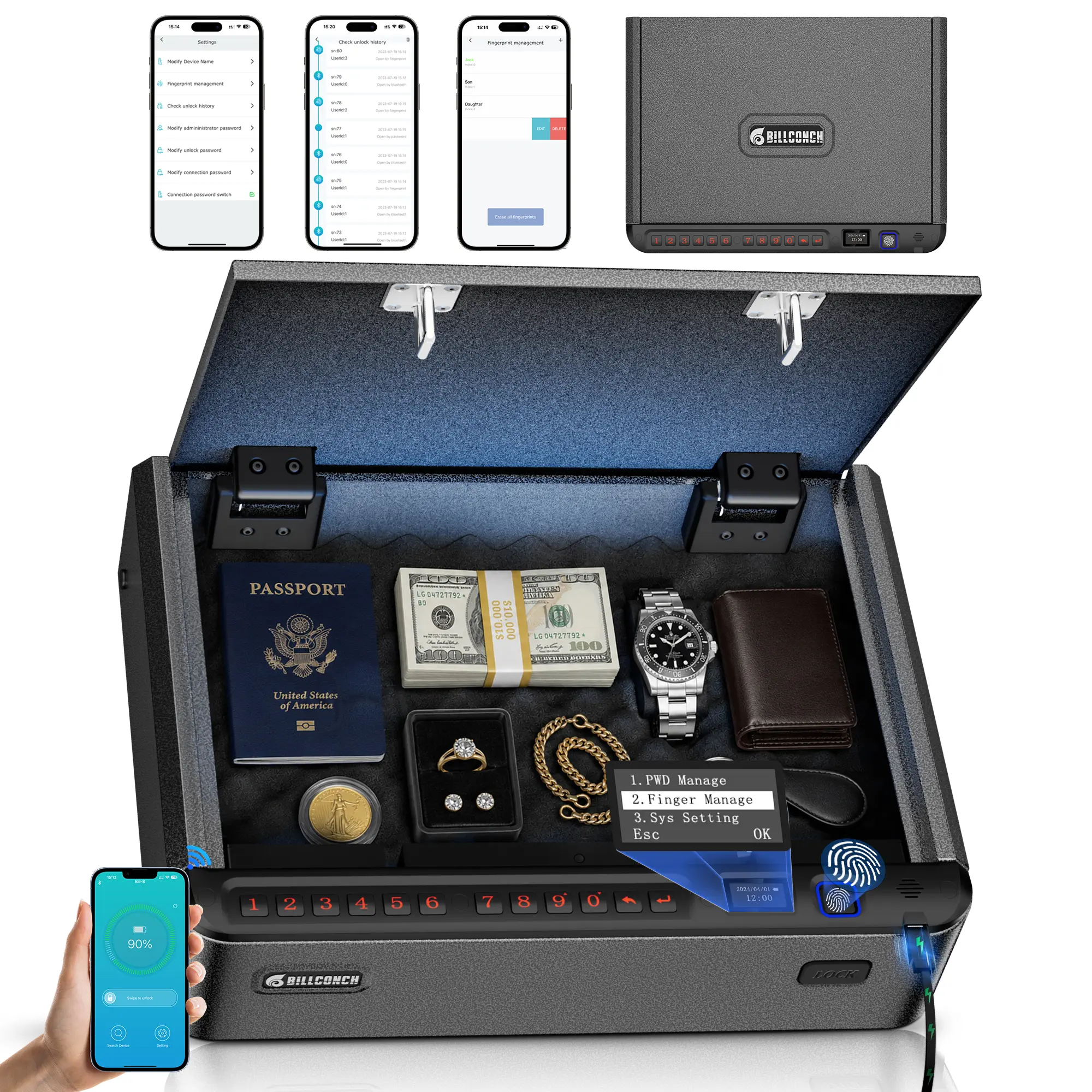 Billconch Smart Safe Box with Finger Management for Secure Storage of  Pistol,Passports, Cash and More| Handgun Safe with 4 Quick-Access Methods, Voice Guidance, Built-in LED Light, Ideal for Nightstand, Bedside and Home