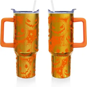 1PC 40 oz Stainless Steel Double-Walled Insulated Tumbler Mug - Halloween Scary Pumpkin Design, Portable, with Lid, Handle, Straw, Insulation Feature, Beach & Adult Water Bottle Kitchen Drinkware