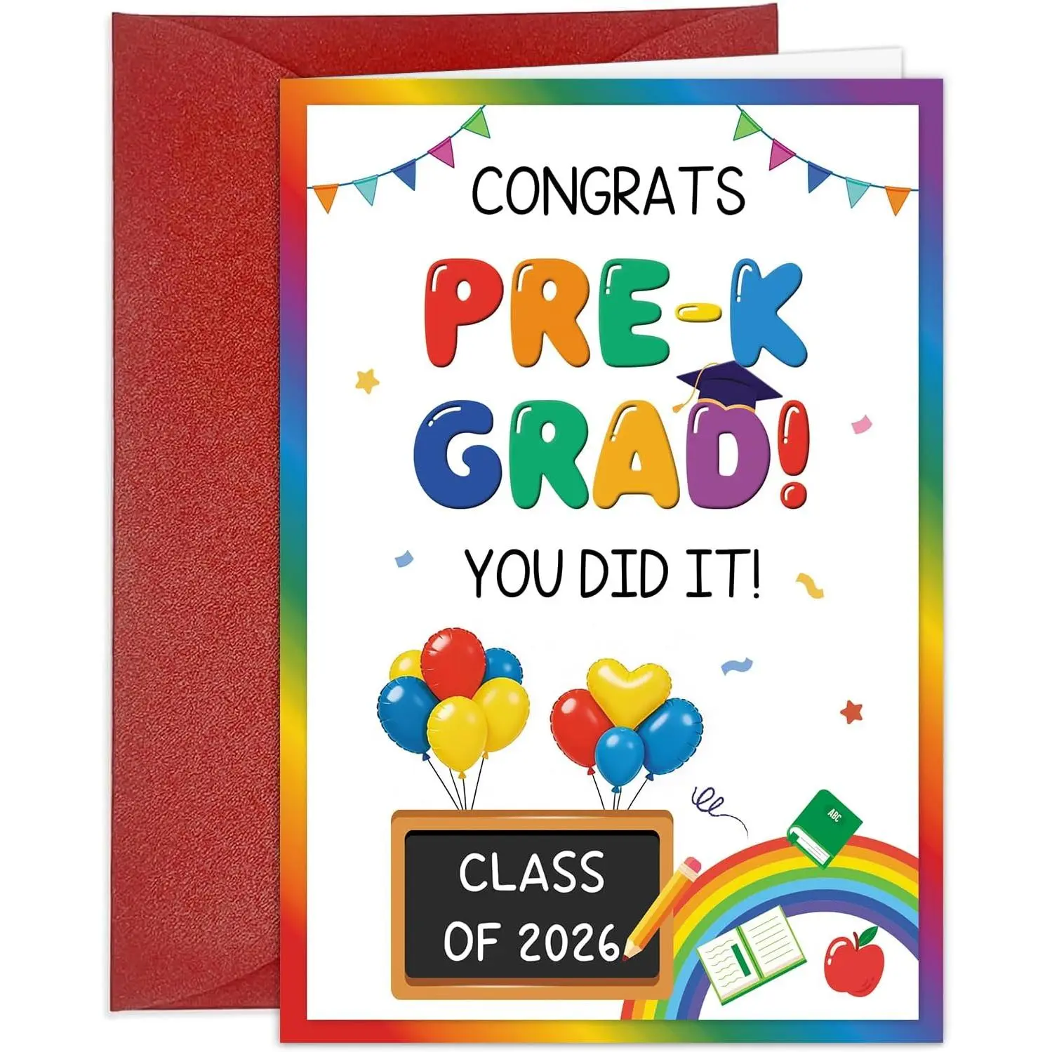 Pre-K Graduation Card 2026 with Envelope, Large 5x7" Preschool Grad Card for Kids Boys Girls, Cute Kindergarten Bound Keepsake, Congrats Class of 2026 Toddler Graduation Gift Stationery