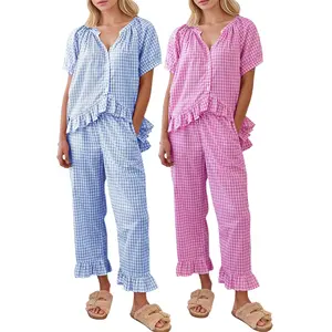 Buenoble Womens Plaid 2 Piece Pajamas Sets Gingham Button Down Puff Sleeve Babydoll Shirt Ruffle Pants Y2K Pjs Lounge Set SpringStatements