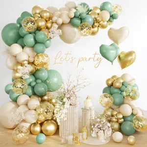 160PCS Sage Green Gold Balloon Decor Kit, Olive Green White Confetti Balloons with Heart Foil Balloons for Baby Shower Birthday Party Backdrop