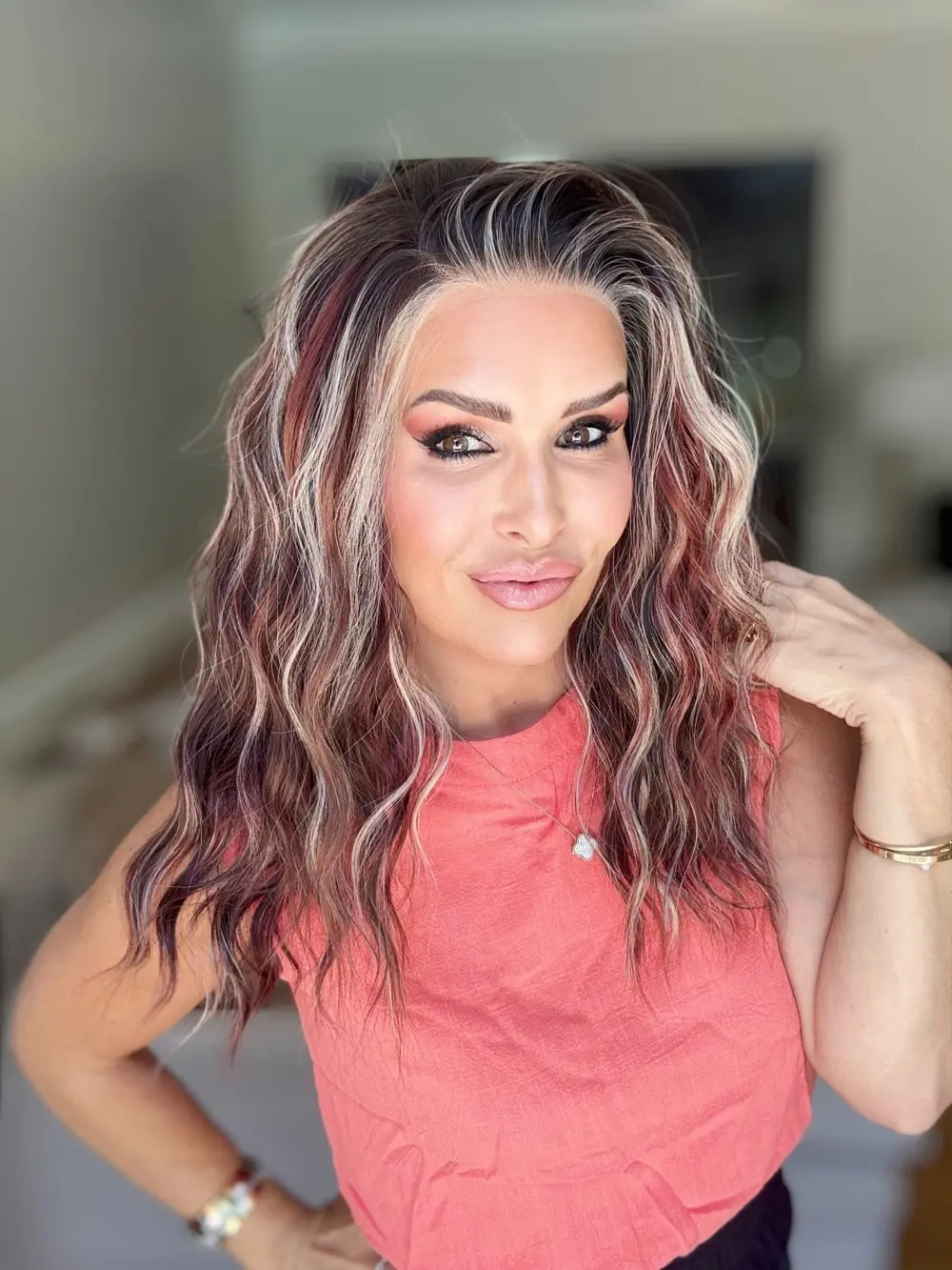 AISOM Mila Berry Truffle Water Wave 13x4 Lace Free Part Lace Front Wig with Scandinavian Hairline Heat Friendly 16inch Natural Looking Low Density