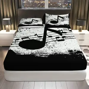 3Pcs Musical Notes Black White Fitted Sheet Three Piece Set (1*Fitted Sheet+2*Pillowcases, Coreless), Music Lover theme, Artistic Bedding Set, Mattress Protector Soft, Breathable