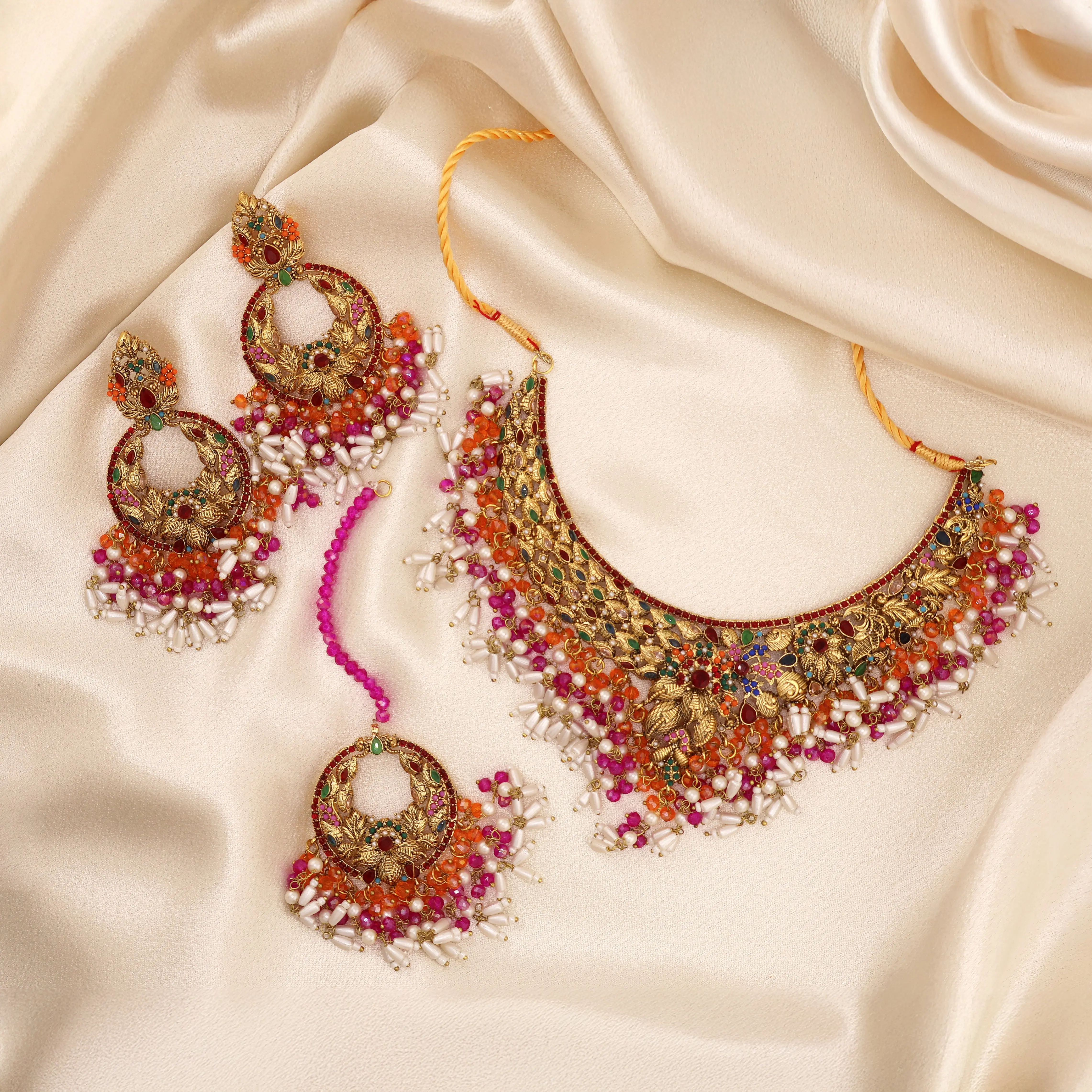 RANI Antique Gold Kundan Beaded Necklace Set with Chandbali Earrings & Tikka | South Asian Indian Pakistani Bridal Jewelry