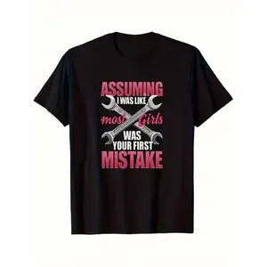 clothing merch flash sale Women's Funny Mechanic Slogan T-Shirt - "Assuming Mechanics Like Girls Was a Mistake" Sassy Auto Repair Quote, Black Short Sleeve Round Neck Casual Tee, Breathable Casual Attire for Female Mechanics & Car Lovers, Statement Outfit