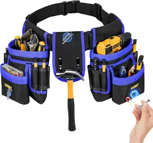 Tool Belt, Tool Pouch,27-Pockets Heavy Duty Padded Tool Belts for Men,Detachable & Adjustable Tool Pouch Bag for Electrician,Carpenter,Construction,Work Apron,Utility Belt,Black,Blue