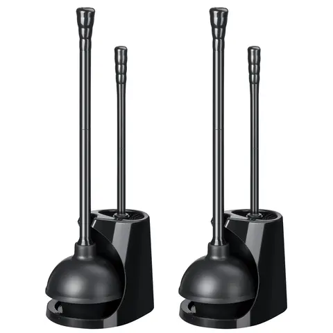 Qaestfy Durable Plastic 2-in-1 Toilet Cleaning Combo (Pack of 2) - Plumbing Tool, Scrubber Toilet Brush & Plungers, 21.6" Suction Plunger, 15.7" Stiff Bristle Long-Handled Deep Cleaning Brush, Sturdy Compact Stand