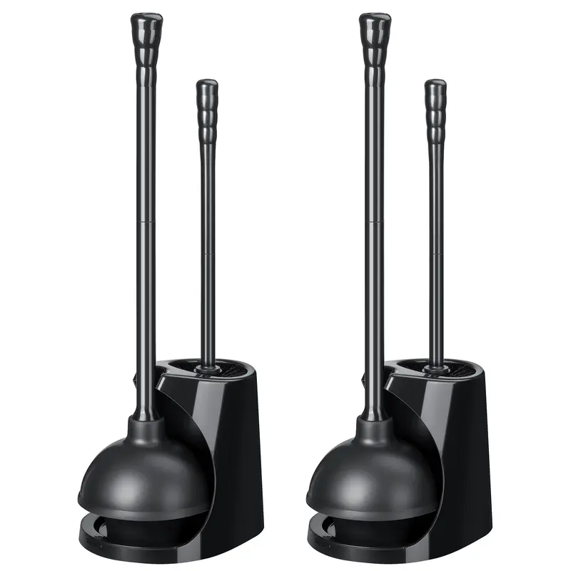 Qaestfy Durable Plastic 2-in-1 Toilet Cleaning Combo (Pack of 2) - Plumbing Tool, Scrubber Toilet Brush & Plungers, 21.6" Suction Plunger, 15.7" Stiff Bristle Long-Handled Deep Cleaning Brush, Sturdy Compact Stand