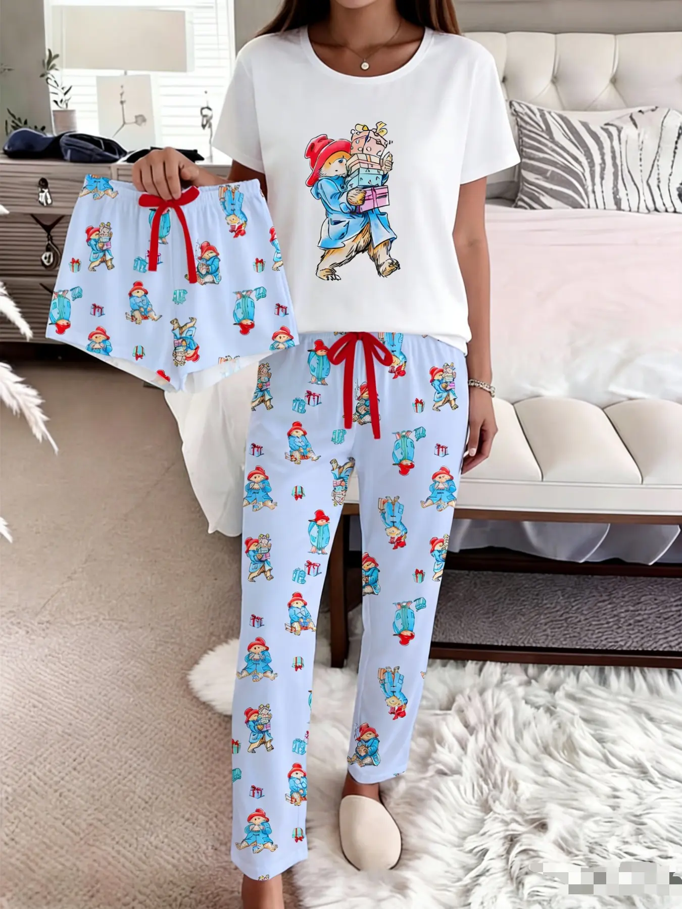 Women's Bear Print Short Sleeve Long Pants Sleepwear Set, Casual Fitted Loungewear and Homewear, Comfortable Daily Wear, Party, Pajama Set Homewear