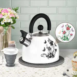Stainless Steel Whistling Tea Kettle 2-Quart Magic Color Changing Design White Teapot with Folding Cup & Trivet Mat