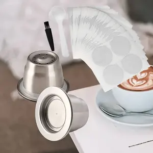 Reusable Espresso Capsules Coffee Beans Stainless Steel Cup Filter Compatible With Coffee Machine With Aluminum Foil Sealing Sticker Cover Coffee Shop Accessories Spoon And Brush,Tableware