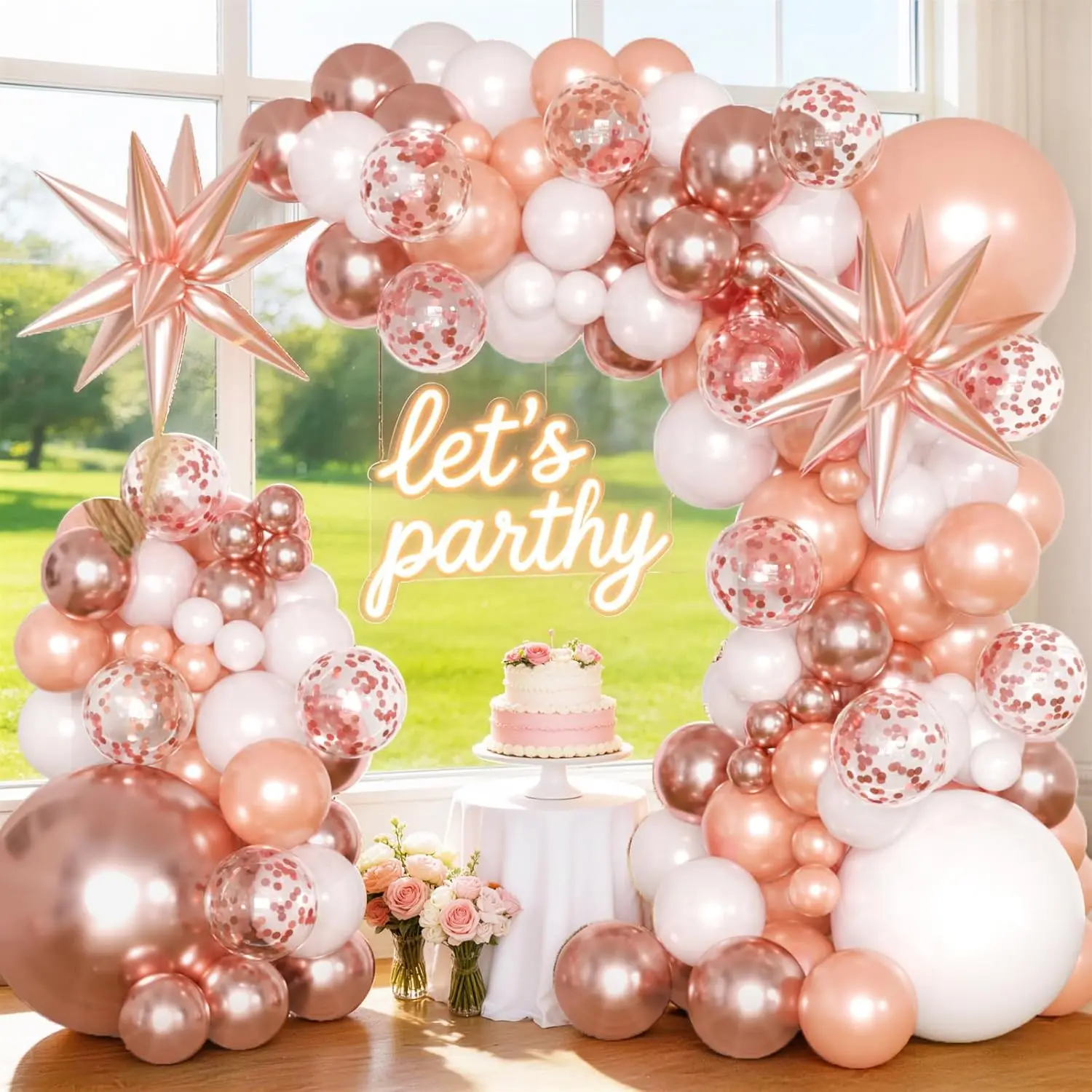 Rose Gold Balloon Arch & Garland Kit (144 Pieces) - Metallic Confetti, Star Accents, Curling Ribbon, Glue for Balloon Decor, Anniversary, Mother's Day Celebrations