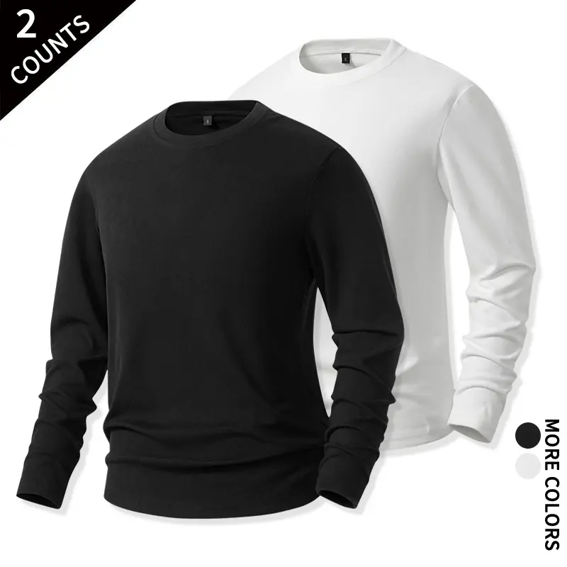 Men's 2-Pcs Crew Neck Fleece Thermal Base Layer Shirts, Menswear Casual Minimalist White + White Soft Elastic Long Sleeve Tops for Autumn Winter Home Use