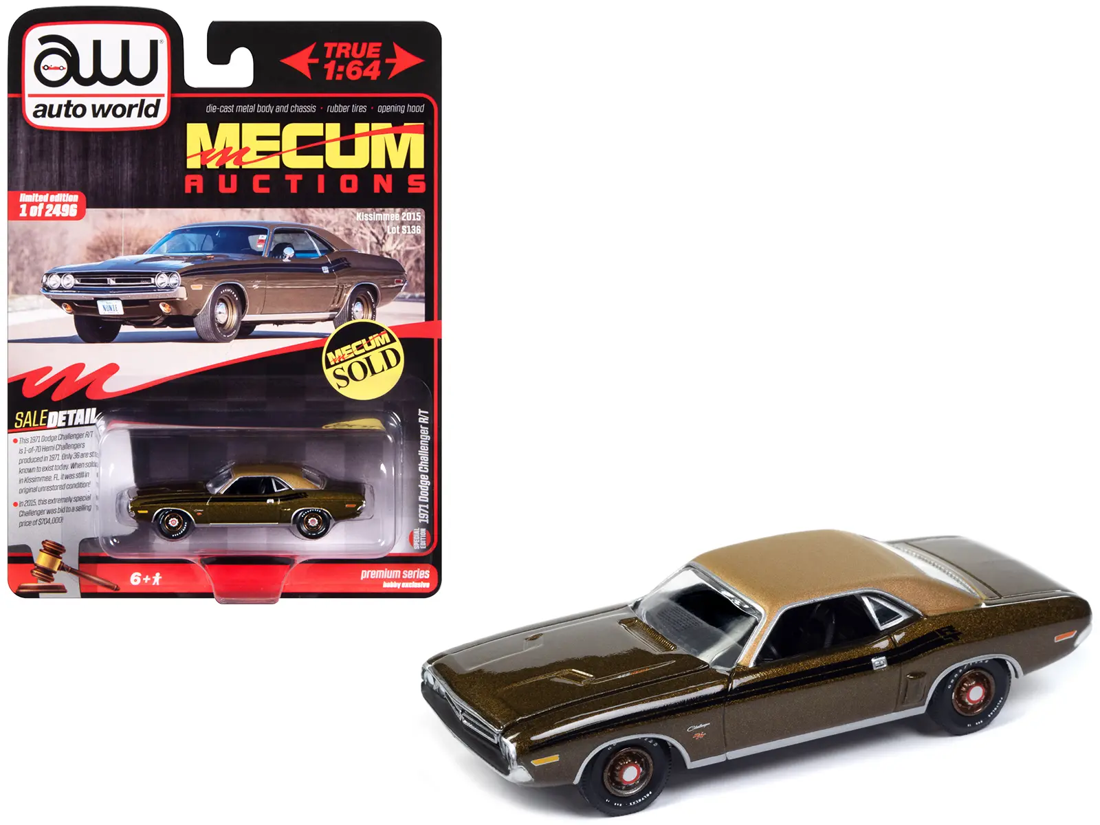 1971 Dodge Challenger R/T Dark Gold Metallic with Gold Vinyl Roof "Mecum Auctions" 1/64 Diecast Model Car by Auto World