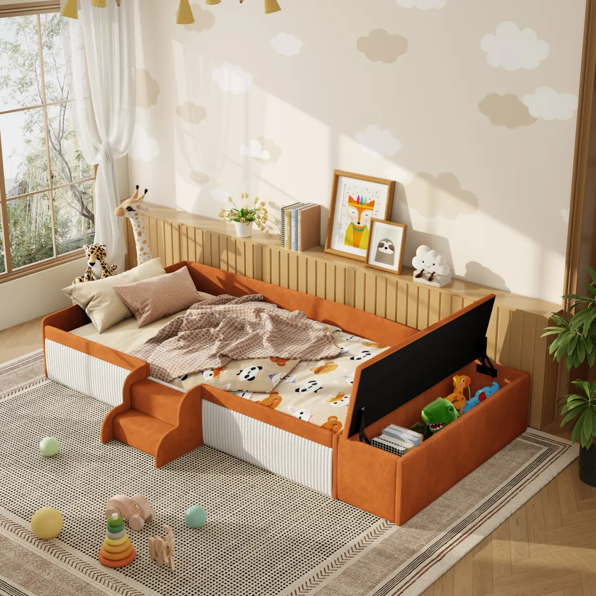 [Bellemave] Velvet Upholstered Daybed with Stairs, Floor Platform Bed Frame with Padded Guardrails & Side Storage Compartment