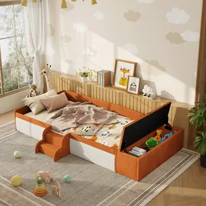 [Bellemave] Velvet Upholstered Daybed with Stairs, Floor Platform Bed Frame with Padded Guardrails & Side Storage Compartment