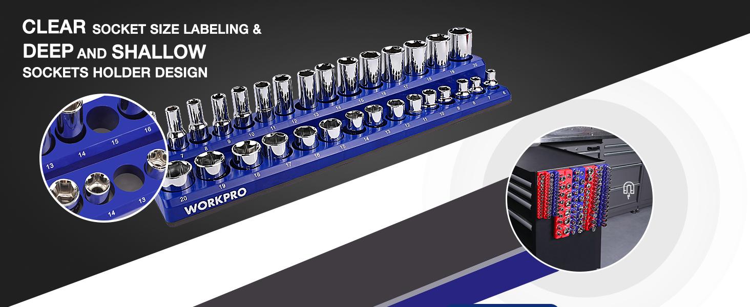 #fathersdaygift WORKPRO Magnetic Socket Organizer Set, 3-Pack Holder Set Includes 1/4", 3/8" and 1/2" Drive Metric Socket Trays, Holds 75 Pieces Standard and Deep Sockets