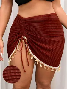 ONYX x Swim Vcay 2026 New Leaf Pattern Textured Fabric Women's Summer Beach Vacation Drawstring Pleated Starfish Shell Tassel Solid Color Special Texture Fabric Slit Skirt