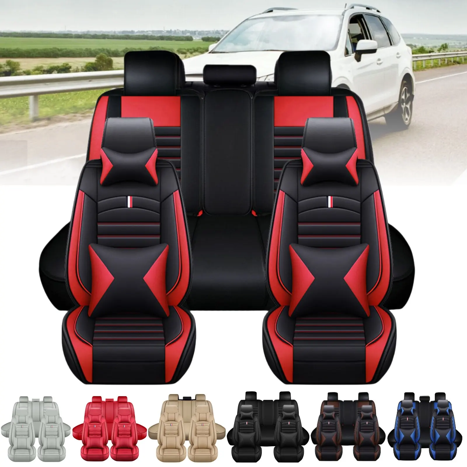 Premium Napa PU Leather Seat Covers for Cars Full Set - 5-Seat Universal Auto Interior Protector, Full Surround Cushion Pads with 2 Head Pillows, 2 Waist Pillows, Breathable Design, Storage Bag - Christmas's Day Gift