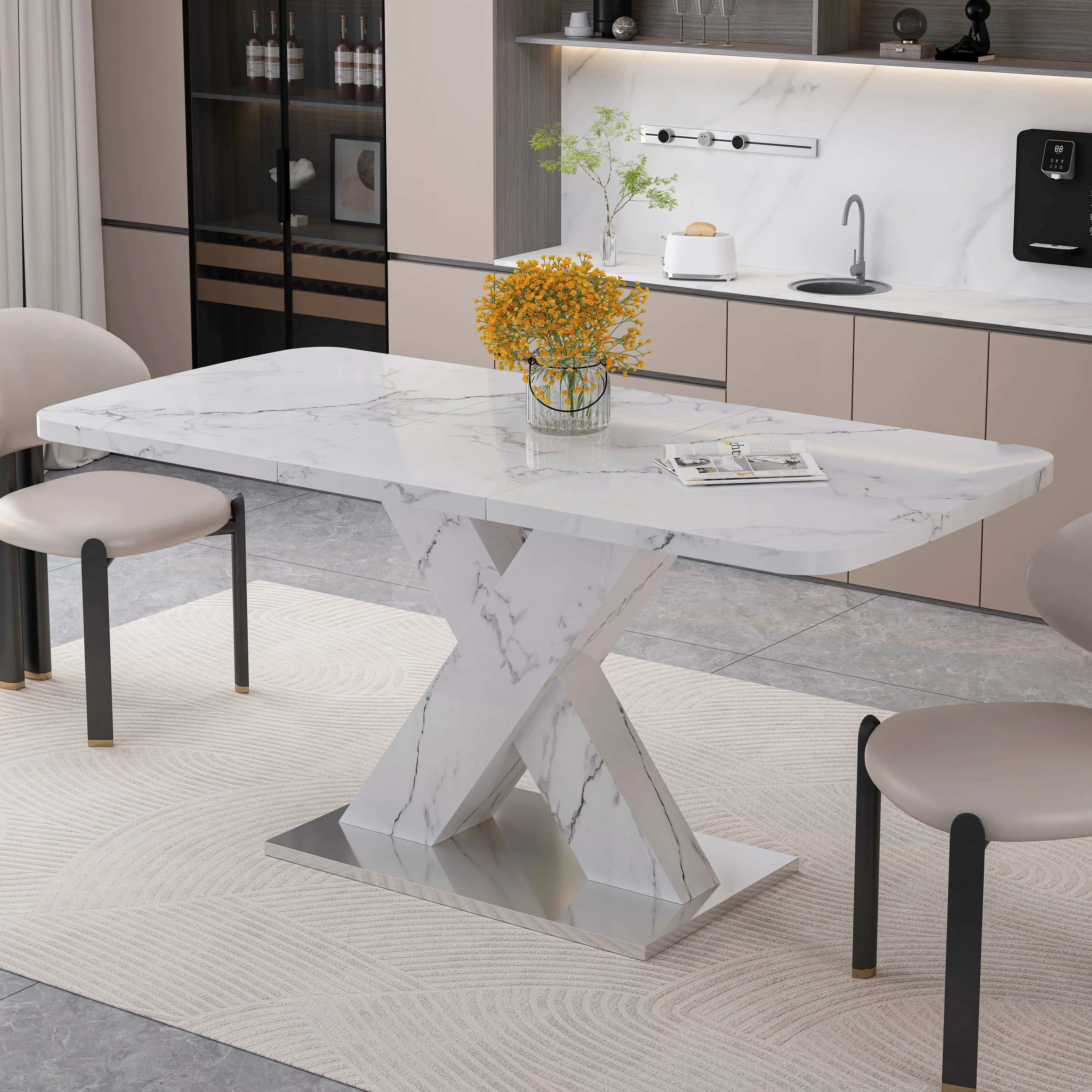 Modern Stretchable Dining Table for 4-6 People, 47-63 Inch Rectangular Extendable Kitchen Table with Faux White Marble Finish & Sturdy X-Shape Metal Base, Space-Saving Expandable Furniture for Dining Room, White Drafting Table