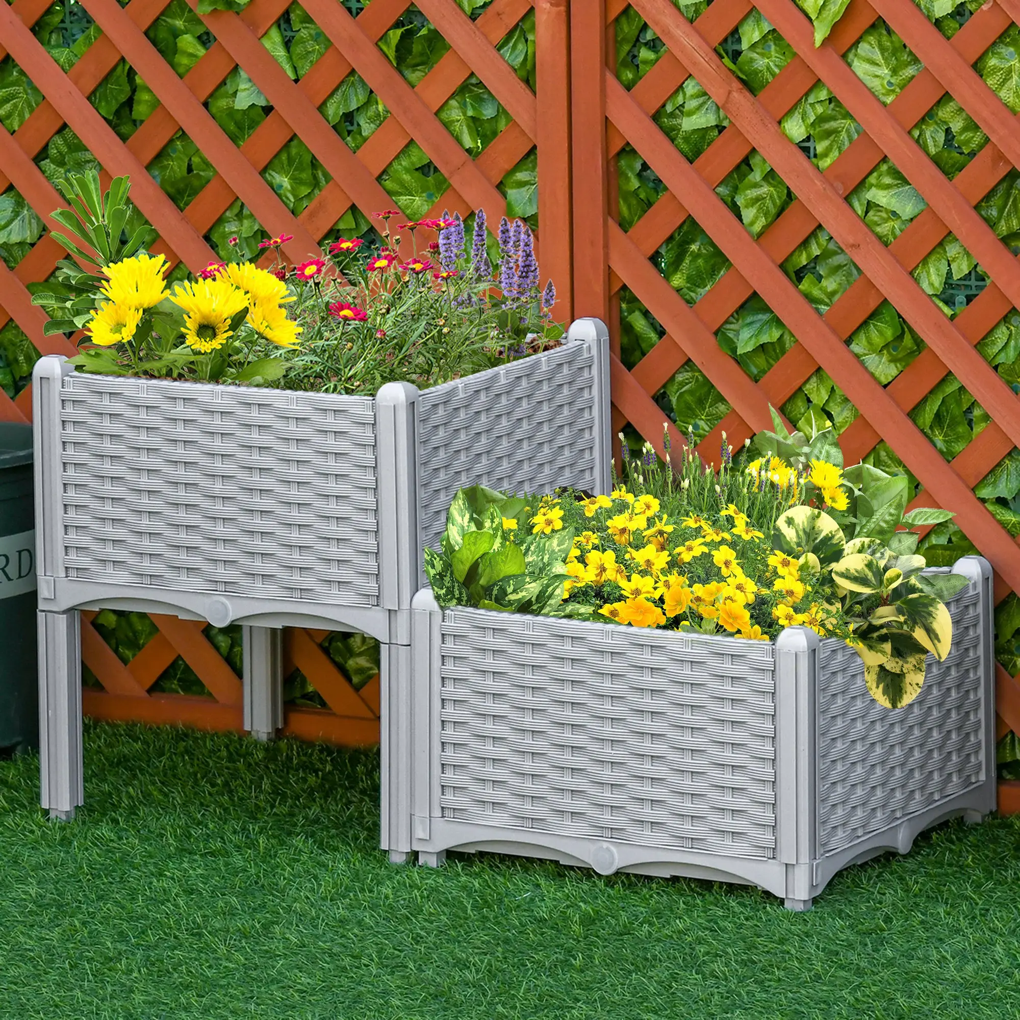2 Piece Gray Raised Garden Bed with Legs Self Watering Planter Box for Flowers Herbs Vegetables Fade Proof Polypropylene Rattan Pattern for Apartment Balcony Small Space Gardening