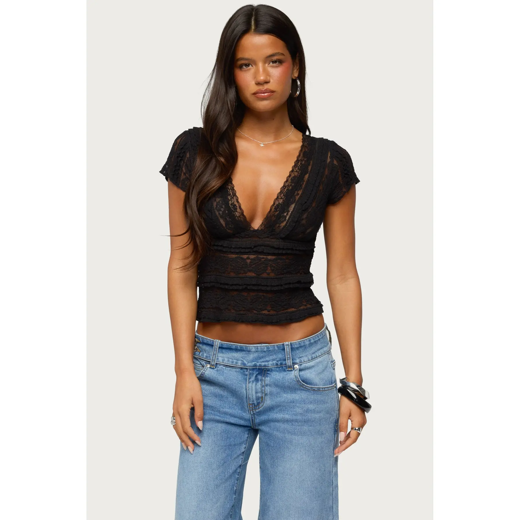 Avalee Sheer Lace V Neck Top