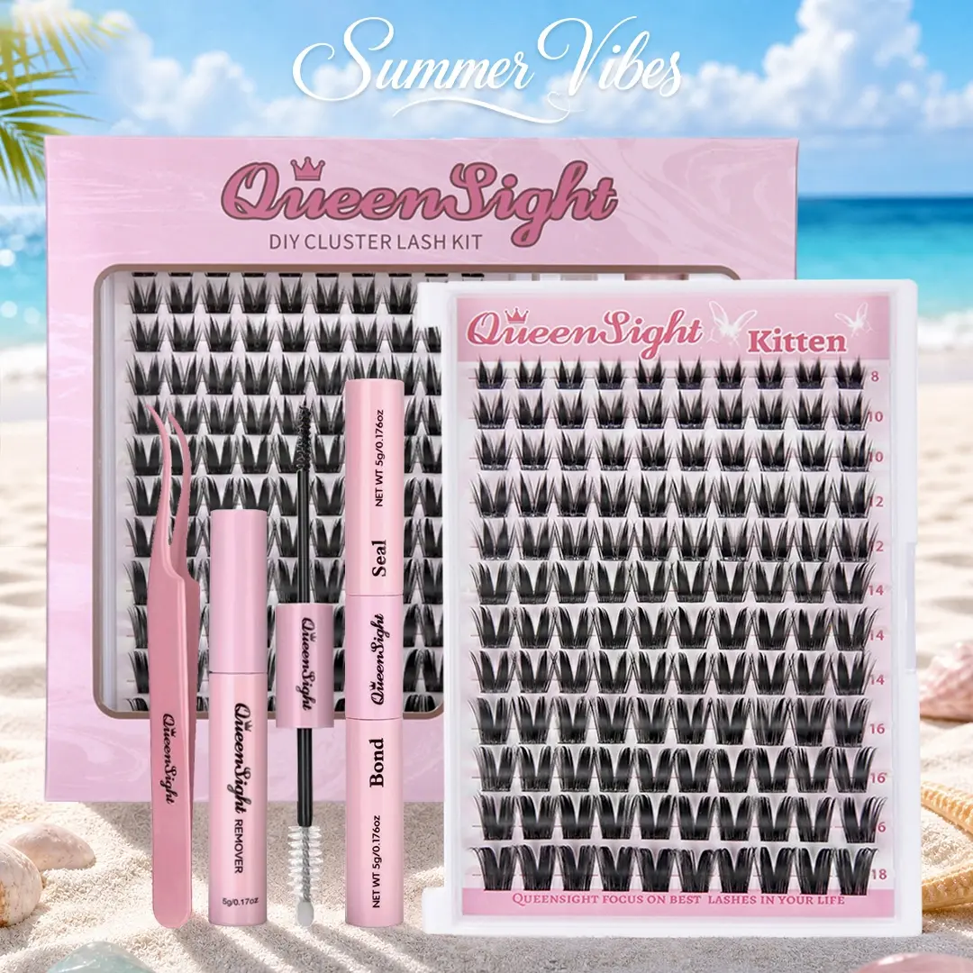 queensight Kitten Lash Cluster Kit, Waterproof DIY Eyelash Extensions for Beginners, 8-18mm Mixed Lengths, Lightweight & Fluffy Natural Look with Bond, Seal, Tweezers & Remover, Cosmetic, Nature, Soft Glam, False Eyelashes & Adhesives, D Curl
