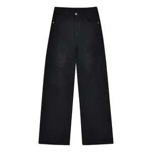 Black High-Cotton Jeans | Distressed Wide-Leg Denim