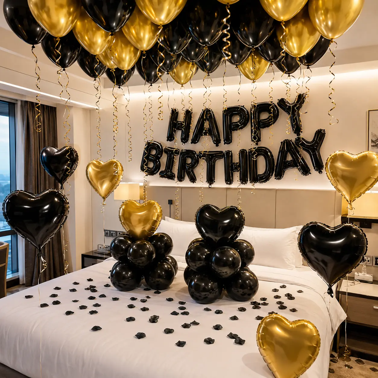 47PCS Black Gold Birthday Balloons Set, Happy Birthday Foil Balloons, Black Gold Heart Balloons, Black & Gold Latex Balloons with Glue Dots for Men Women Adult Birthday Room Decor