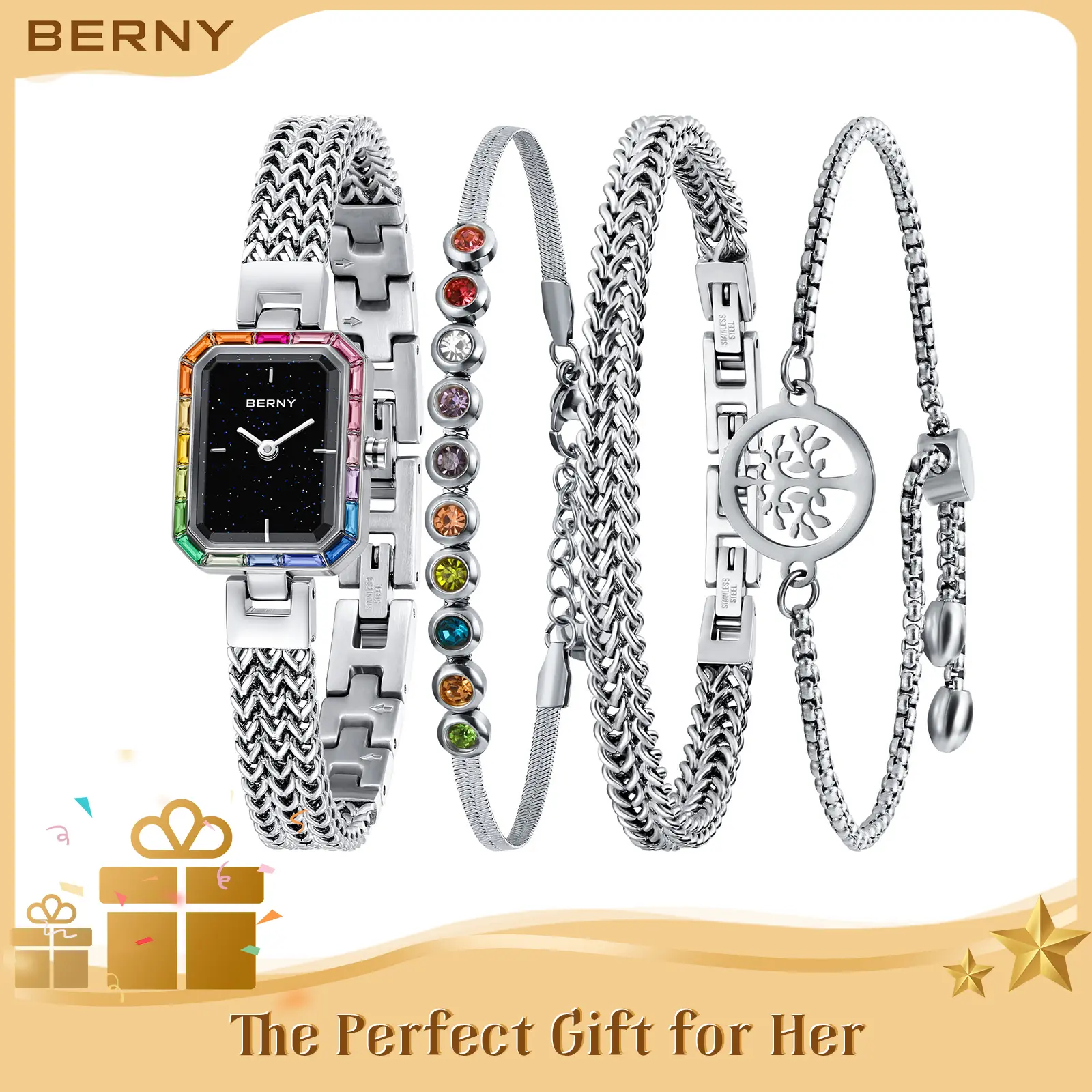 BERNY Silver Watch & Bracelets Set, Dainty Watches for Women, Mini Quartz Jewelry Watch, Elegant Stainless Steel Bracelets for Small Wrists, 30M Water Resistant, Fashion Wristwatch Gift for Girls, Reloj de Mujer, Fashion Summer Accessories