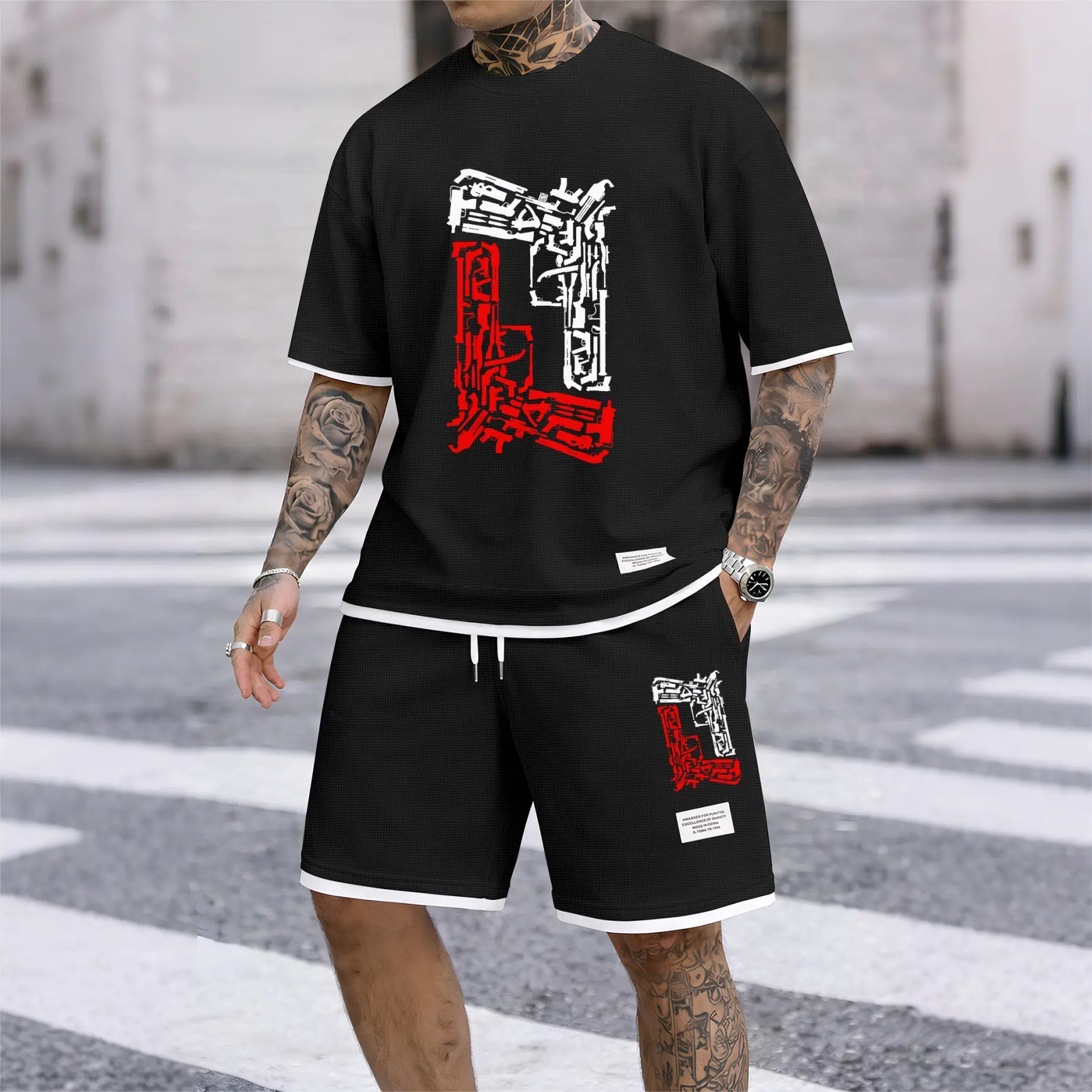 Men's Stylish Graphic Print Letter and Gun Design Shorts Set – Cool Summer Casual Outfit, Lightweight Sportswear, Relaxed Fit Beach, Travel, and Daily Wear Set
