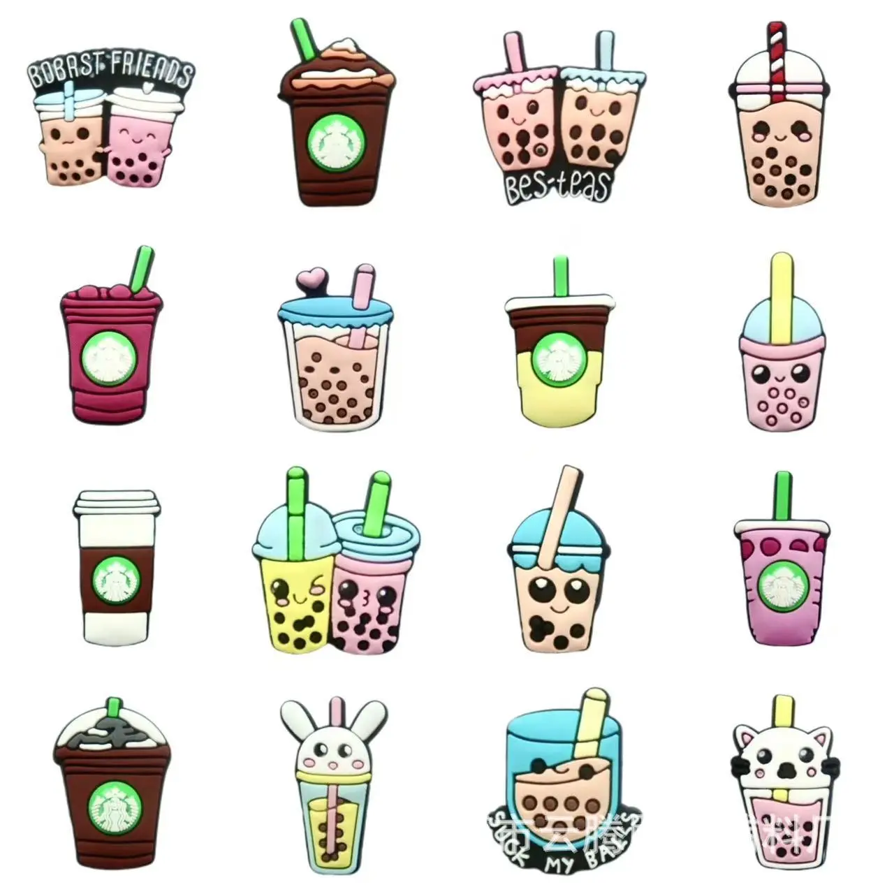 Cartoon Milk tea coffee Croc Shoe Charms for Kids Boys Girls Women Men PVC Wristband Sandals Clog Accessories Party Favor with Dragon and Character Designs