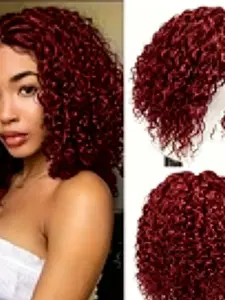 Wine Short Curly Lace Front Wig, 12 Inch African Kinky Curl Synthetic Hair, Glueless Heat Resistant, Natural Look, Designed for Women, Afro Curly Wig