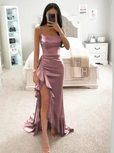 Elegant Halter Neck Solid Dress with Ruffle Hem, Open Back Design, Perfect for Formal Parties, Formal Wear & Special Occasions, Women's Fashion Clothing