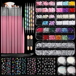 Nail Art Brushes Set, Nail Art Kit, Nail Design Kit, Nail Dotting Tools, Nail Kit for Beginners, Chrome Nail Powder, Nail Stickers, Nail Rhinestones, Nail Charms Gems Nail Art Decoration Kit