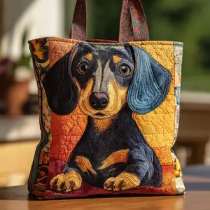 Chic Embroidered Corgi Bag - Elegant Yellow Floral Quilted Corgi Tote with Detailed Sleeping Puppy Art, Roomy Practical Fashion Statement, Ideal for Casual Vacation Shopping & Dog Lover Style