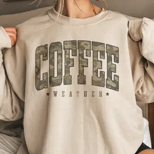 Camo Coffee Weather Sweatshirt Winter Coffee Lover Pullover Camouflage Varsity Graphic Sweater Womens Casual Unisex Pullover