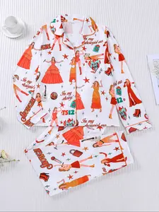 2-piece autumn and winter Orange Outfits showgirl-style loungewear that can be worn outside, party pajamas set; includes a long-sleeve collared cardigan top and loose elastic long pants, casual year-round women's pajamas and homewear set