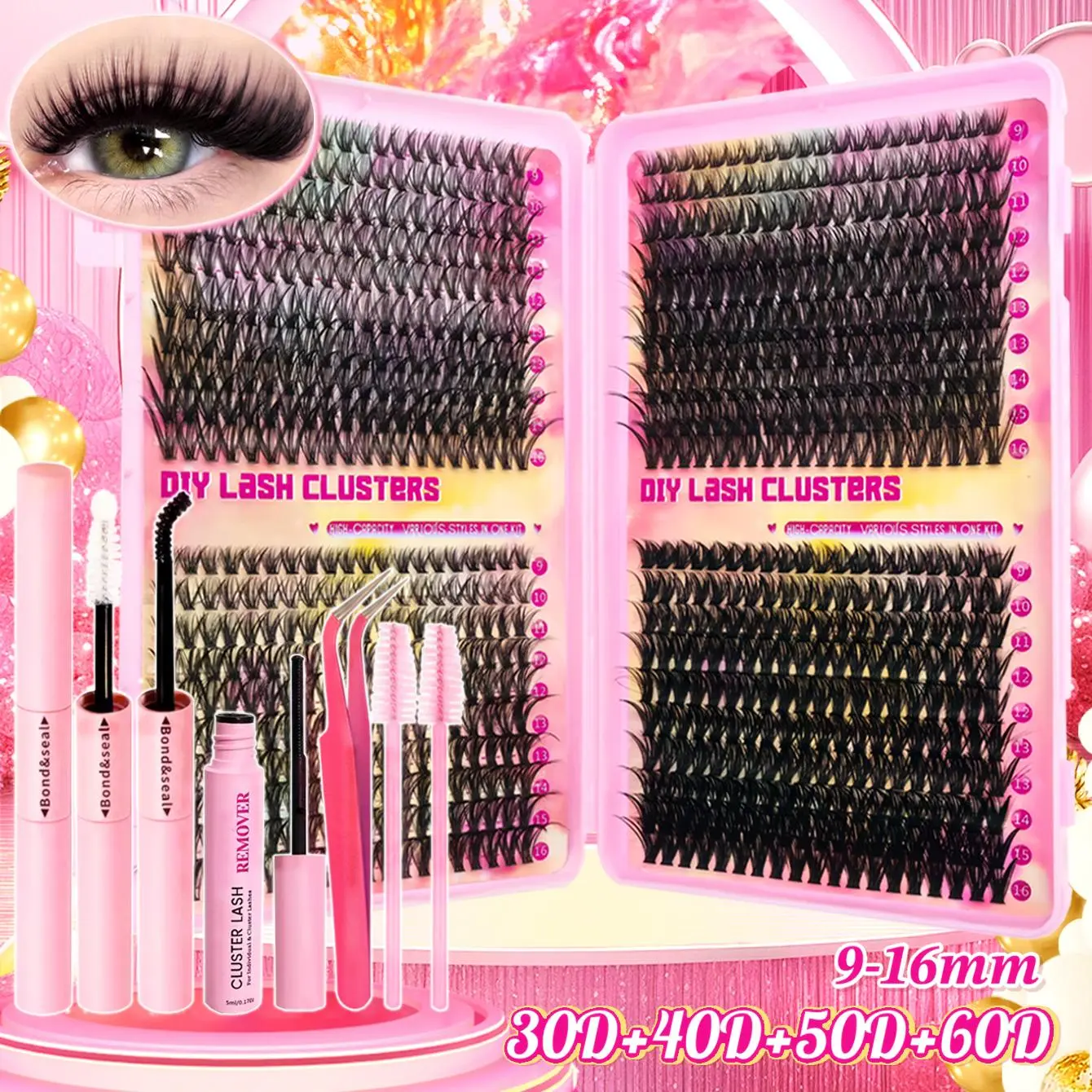 Individual Lash Clusters Natural Look, Extra Thick, Long Lasting, Light, Ultra Soft Reusable Eyelash Extensions Kit With Makeup Tools Bond & Seal, Lash Remover, Tweezers, 2 Brushes For Home & Daily Use, Diy Volume Eyelashes, False Eyelashes