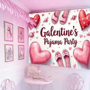 1PC Polyester 2D Flat Galentine's Photo Backdrop Banner, Heart-shaped Slippers & Candies Design Girls' Party Decoration Tapestry, Wall Hanging for Girlfriends' Gathering & Birthday Photo Use