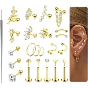 Women's Hypoallergenic Stainless Steel Cartilage Earrings Set, Unthreaded Flat Back Push In Spiral Perforated Piercing Jewelry