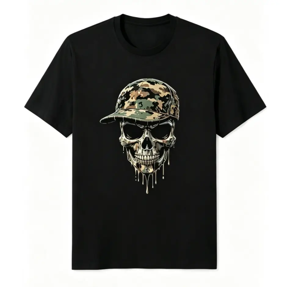 Men's Camo Skull Print Cotton T-Shirt - Black, Round Neck, Fitted, Unisex Casual, Lightweight Soft Knit, Breathable Sweat-Wicking, Machine Washable for Spring Fall & Halloween Everyday Top, Tshirt, Men's T Shirts, Apparel, Shortsleeve, Fabric, Graphics, K