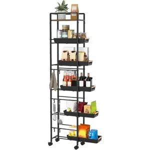 6 Tier Slim Storage Cart with Pull-Out Baskets Rolling Cart with Wheels  Top Narrow Utility Cart Metal Shelving Units for Pantry Laundry Room Bathroom Kitchen Black 8in(W)