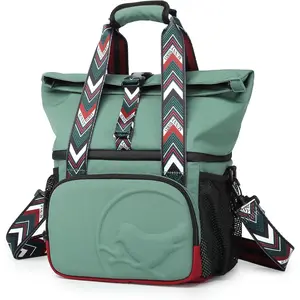 Dual Compartment Lunch Bag Insulated Lunch Box for Women and Men (Green with boho strap)