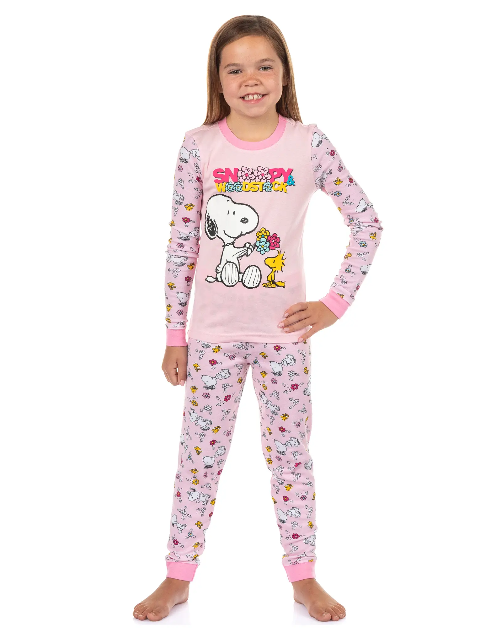 Peanuts Snoopy and Woodstock Girls' Pajamas Flower Motif Tight Fit Sleep Set