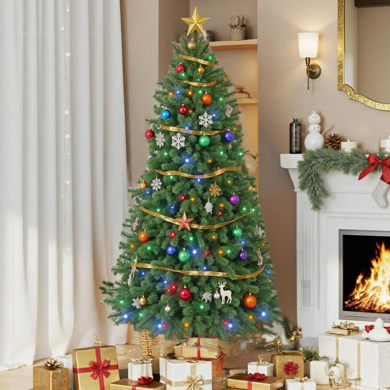 6ft Pre-lit Green Artificial Christmas Tree Set, 250 Color Changing LED Star Lights, 700 Branch Tips, Metal Ornaments for Home, Office Festive Decorations, Led Star Light